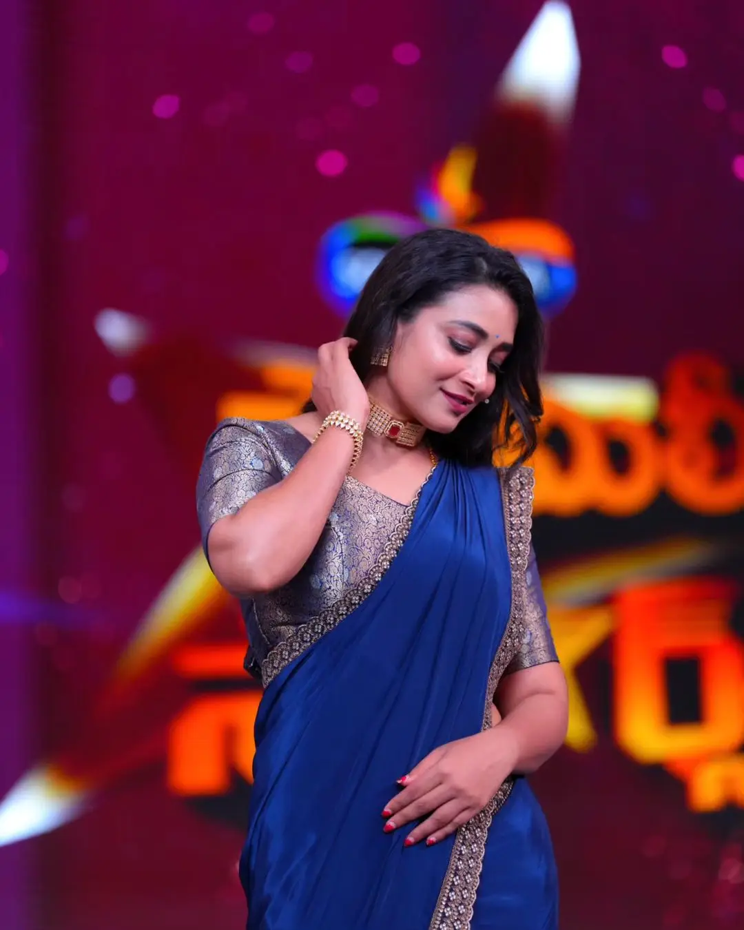 Bhanu Sri Stills in Beautiful Blue Designer Saree Blouse